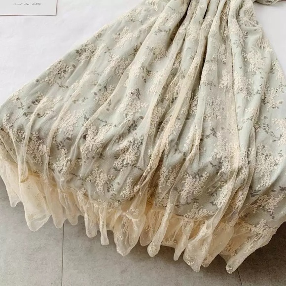 Dress Floral lace combo puff sleeve elegant womens green ruffle - Picture 12 of 16